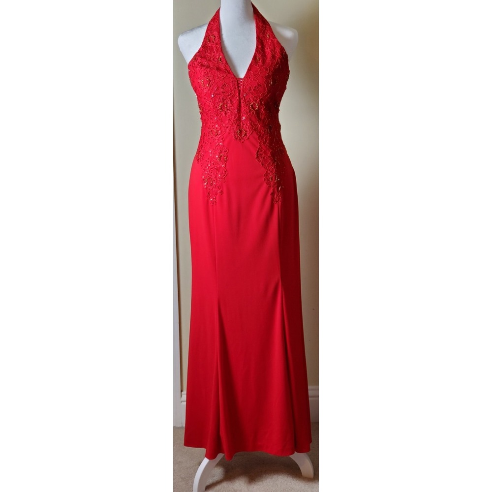 Vintage Prom Red Beaded Sequin Lace Strappy Open Back Dress Romantic 4 Valentine